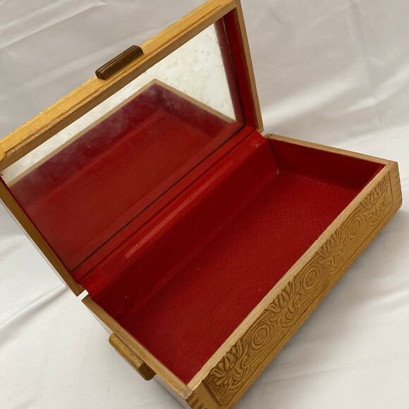 Vintage Wood Footed Jewelry Chocolate Keepsake Trinket Box Carved Mirror Hinged - Picture 11 of 13